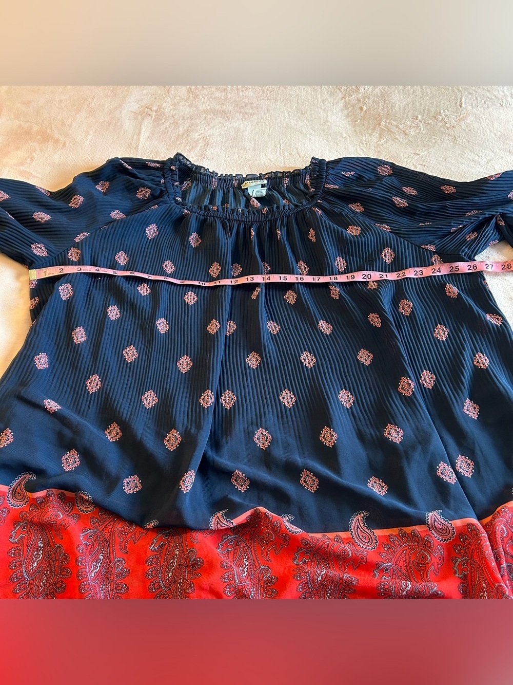 Catherine’s blue and red paisley semi sheer flowy blouse bell sleeves boho 1X - Picture 9 of 10